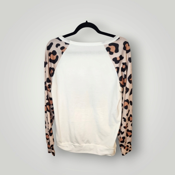 Leopard Print Sleeve Women's Top White and Brown T Shirt Womens Long Sleeve - Picture 8 of 8